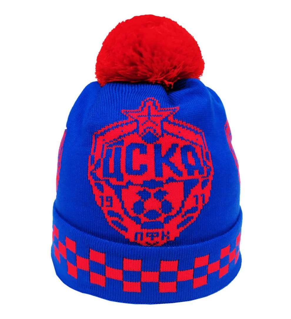 Шапка ЦСКА Эмблема, цвет синий с красным помпоном