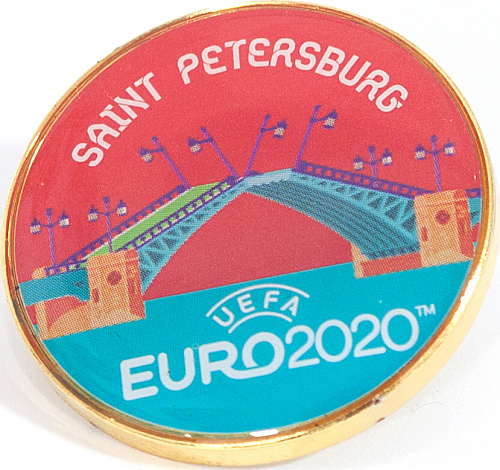 Значок ЕВРО 2020 круглый мет.смола 2,5 см "СПб.Разводной мост на красном фоне"