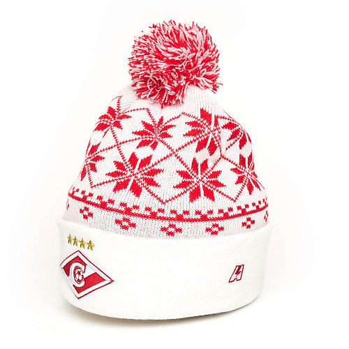 Шапка Спартак 00143 белая с красным узором с помпоном