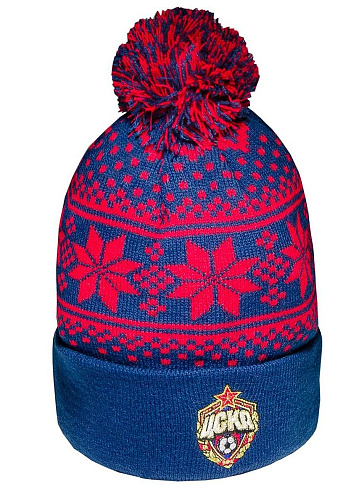 Шапка подростковая ЦСКА 11493, с помпоном красно-синяя с узором