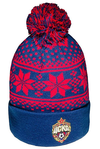 Шапка ЦСКА 11489, с помпоном красно-синяя с узором