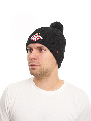 Шапка Спартак 00149 черная фактурная вязка с помпоном